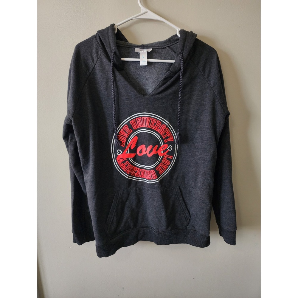 Just Be... Love University Graphic Hoodie Charcoal Gray V-Neck Sweatshirt Large